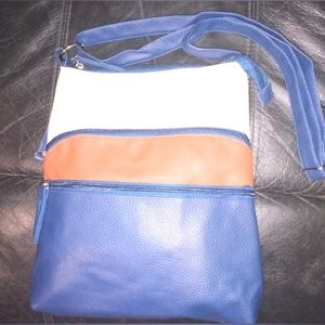 Blue, Brown, & White PVC Handbag